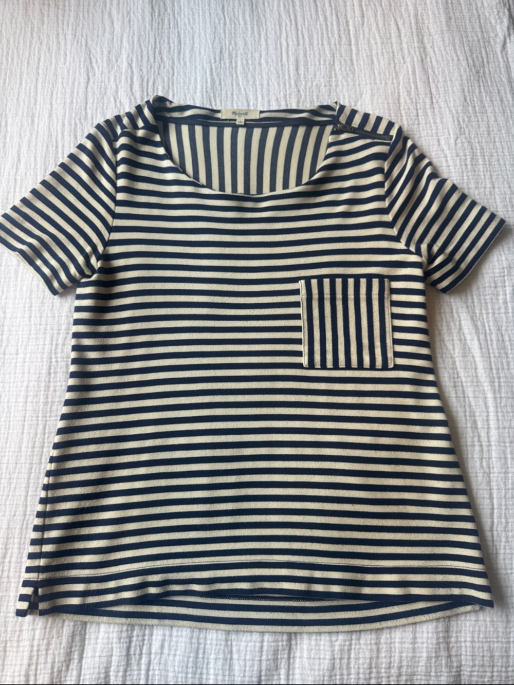 Madewell Navy and Cream Striped Short Sleeve Pocket Tee